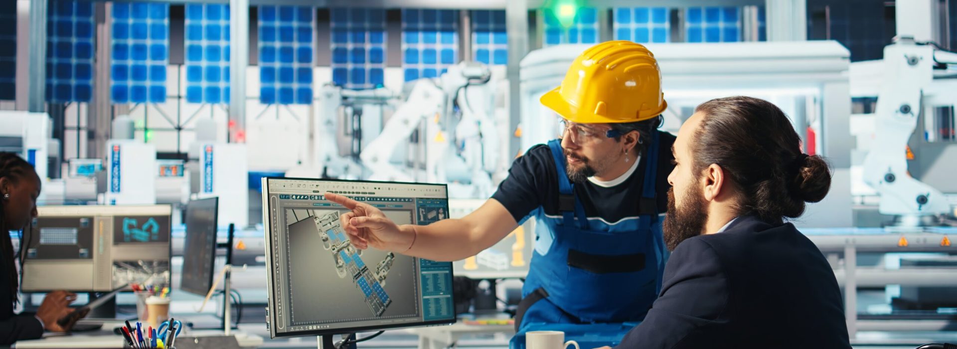 Photovoltaics factory manager with disability in wheelchair gives worker. Solar panels plant supervisor with paraplegia in inclusive workspace talking with employee, camera A